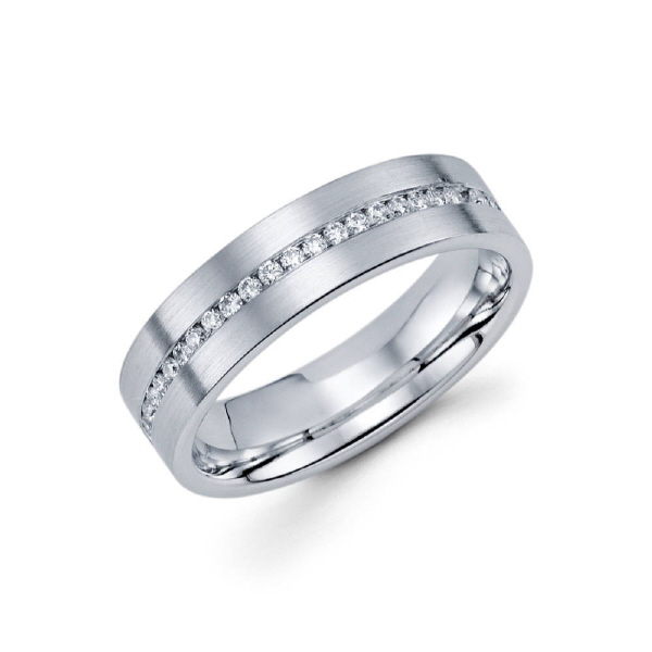 6mm 14k channel set satin finished eternity band features 53 round cut diamonds. Total diamond carat weight is approximately 0.55ct.