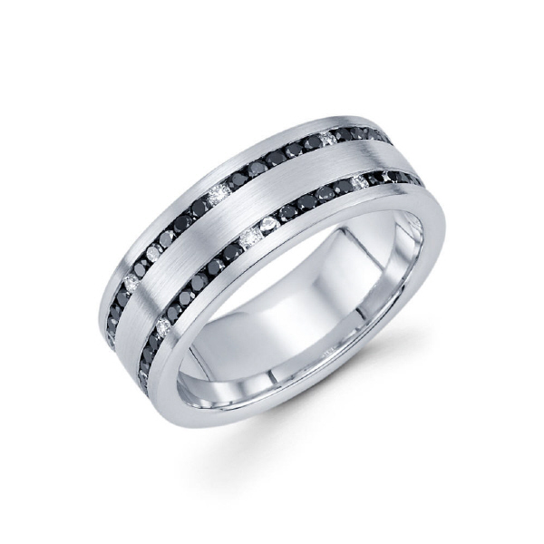 7.5mm 14k channel set satin finish eternity band features double rows of 50 (42 black/8white) round ideal-cut diamonds. Total diamond carat weight is approximately 1.27ct.