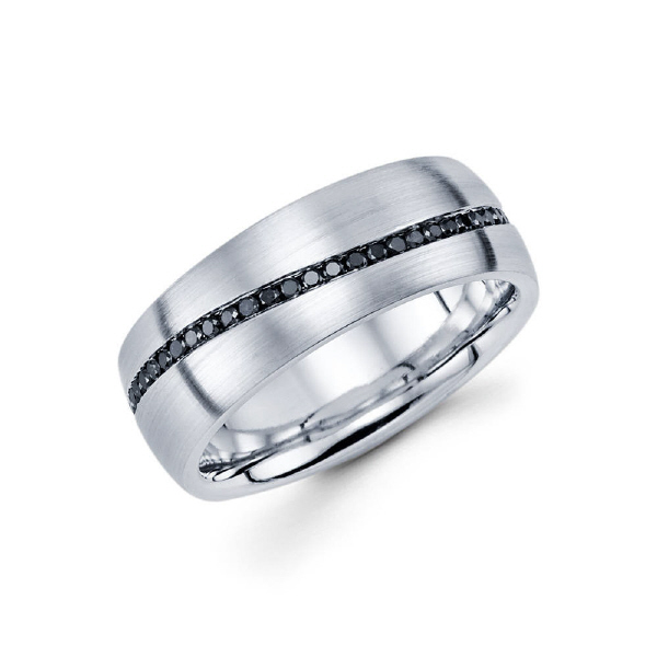 8mm 14k comfort-fit channel set satin finished eternity band features 52 round cut diamonds in a zig zag orientation. Total diamond carat weight is approximately 0.60ct.