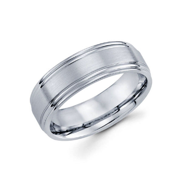 7mm 14k satin finished men's wedding band consists of two high polished grooves along the edges.