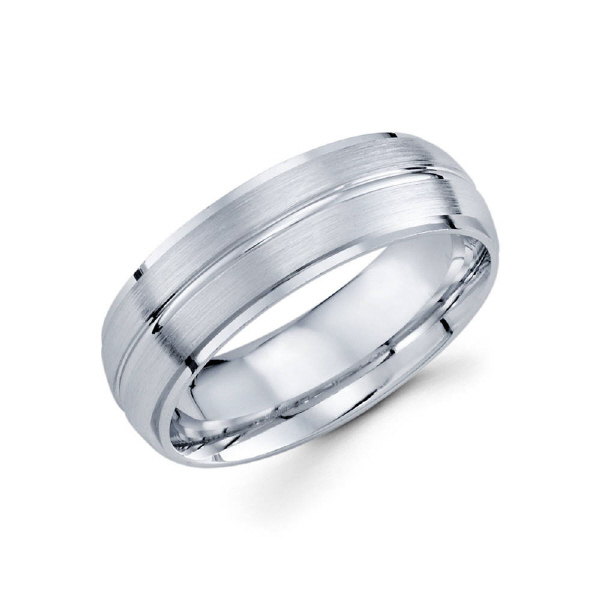 7mm 14k white gold satin finished men's wedding band contains a diamond cut groove along the middle as well as high polished edges.