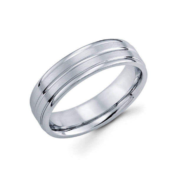 6mm 14k satin finished men's wedding band features a bold groove along the middle along with high polished edges.