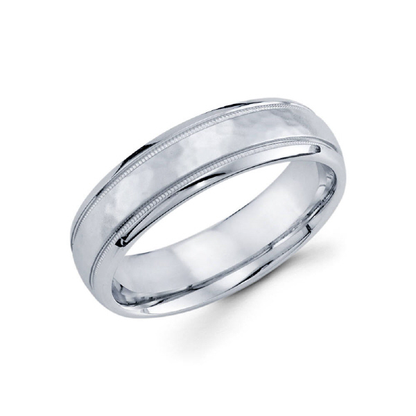 6mm 14k hammer finished men's wedding band features bold milgrain/high polished edges.