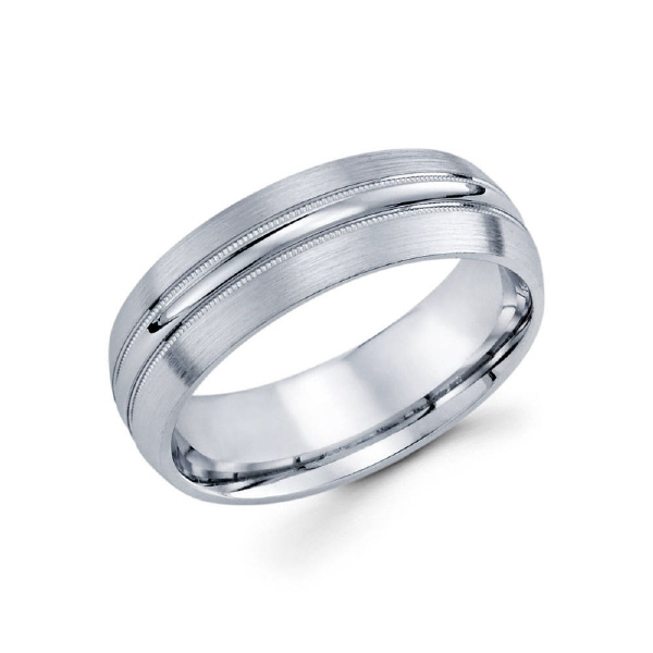 7mm 14k satin finished men's wedding band features a bold groove along the middle as well as parallel milgrain lines.