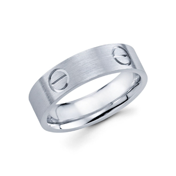 6mm 14k white gold satin finished men's wedding band features four screw designs.