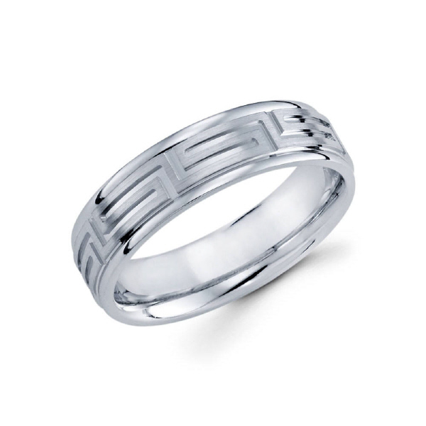 6mm 14k white gold men's wedding band features a modern design that goes throughout the entire ring.