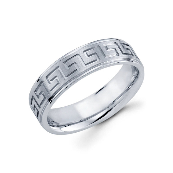 6mm 14k white gold men's wedding band features a modern design that goes throughout the entire ring.