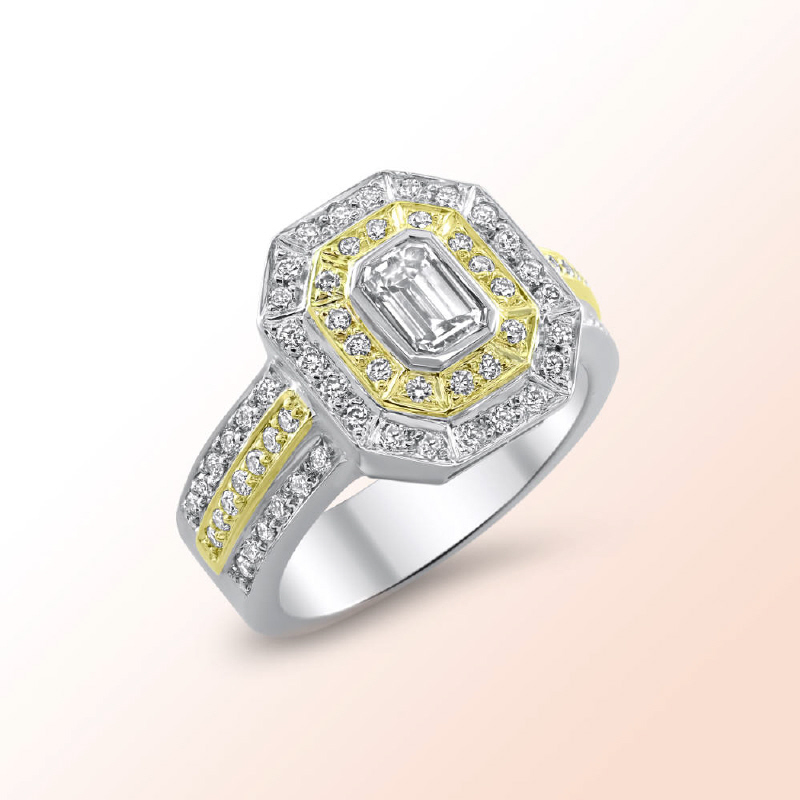 18k 2 tone Emerald cut diamond ring 1.16Ct.