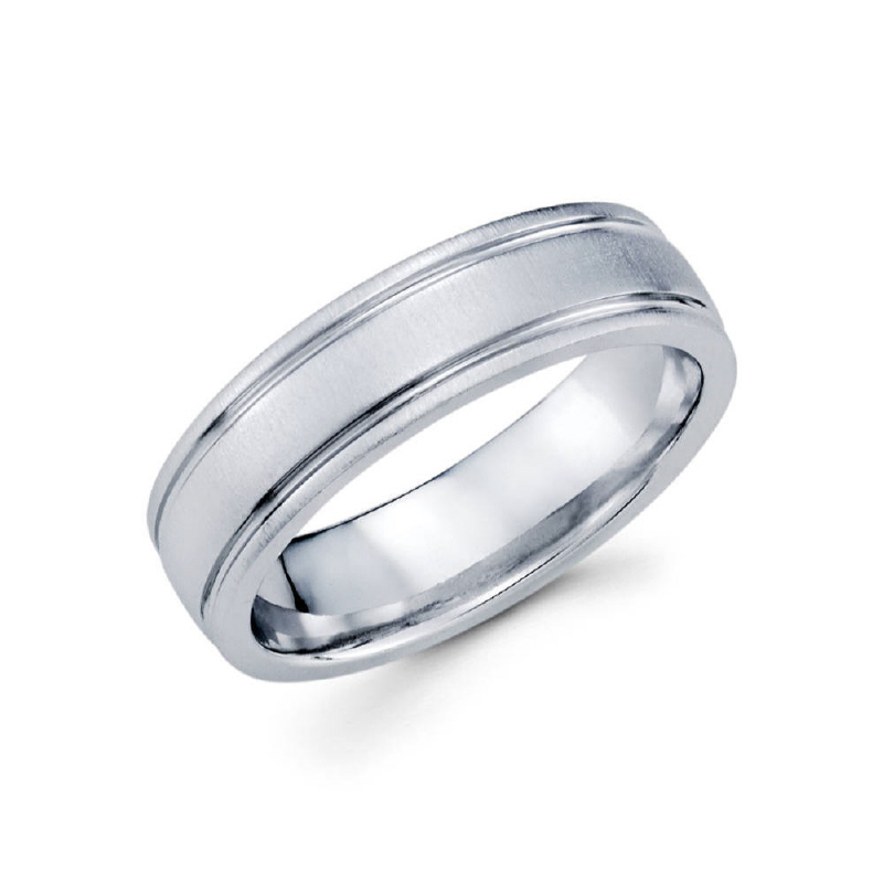 6mm 14k white gold satin finished men's wedding band contains high polished edges.