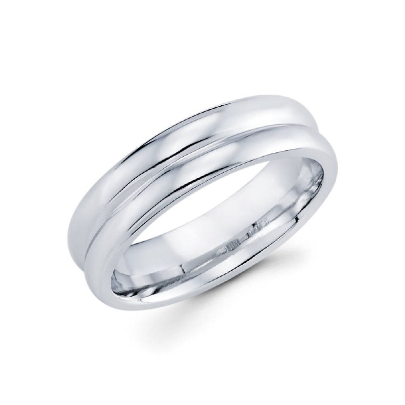 6mm 14k white gold high polish finished men's wedding band contains milgrain in between the parallel cut and gives off the illusion of two rings in one.