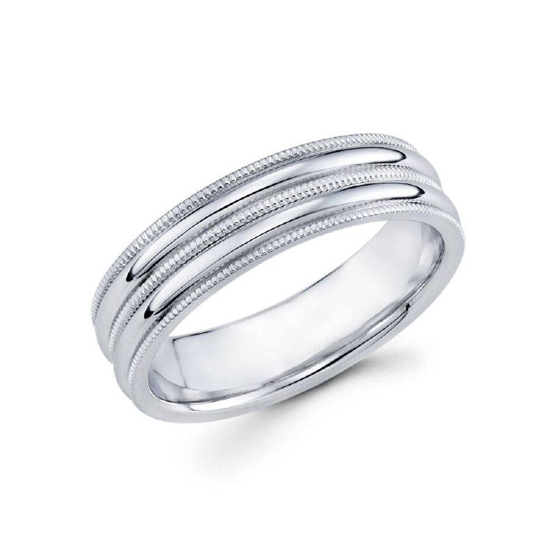 6mm 14k white gold high polish finished men's wedding band consists of parallel cuts of milgrain on the edges and in the middle.