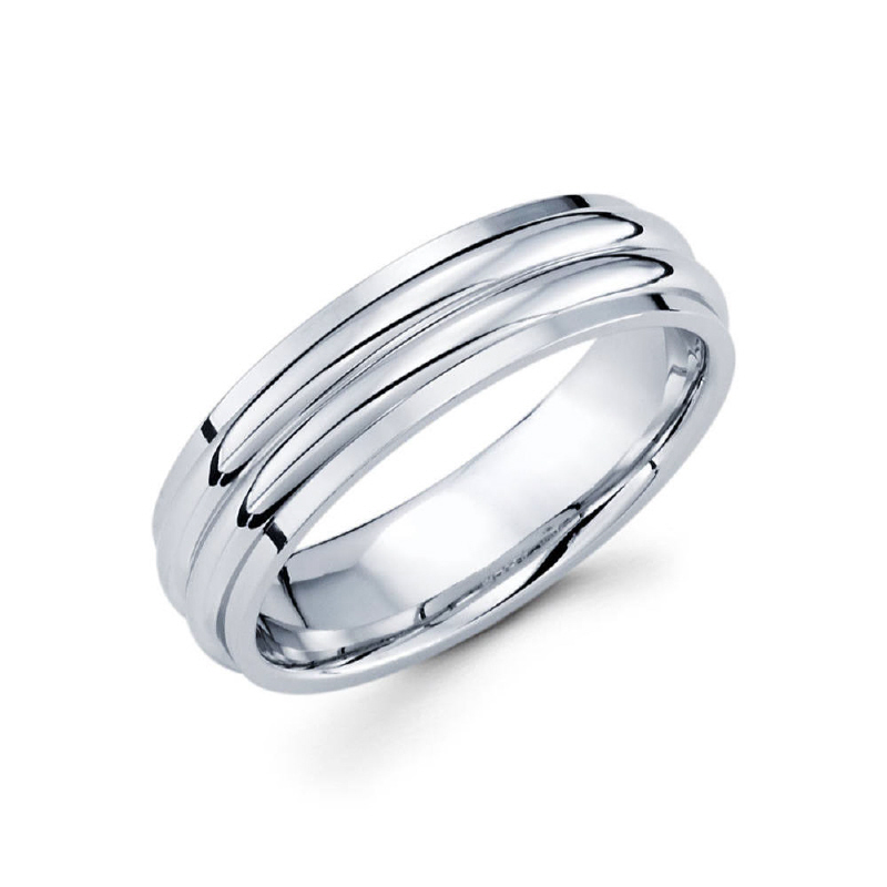 6mm 14k white gold high polished finished men's wedding band features two high polished grooves along the center of the ring.