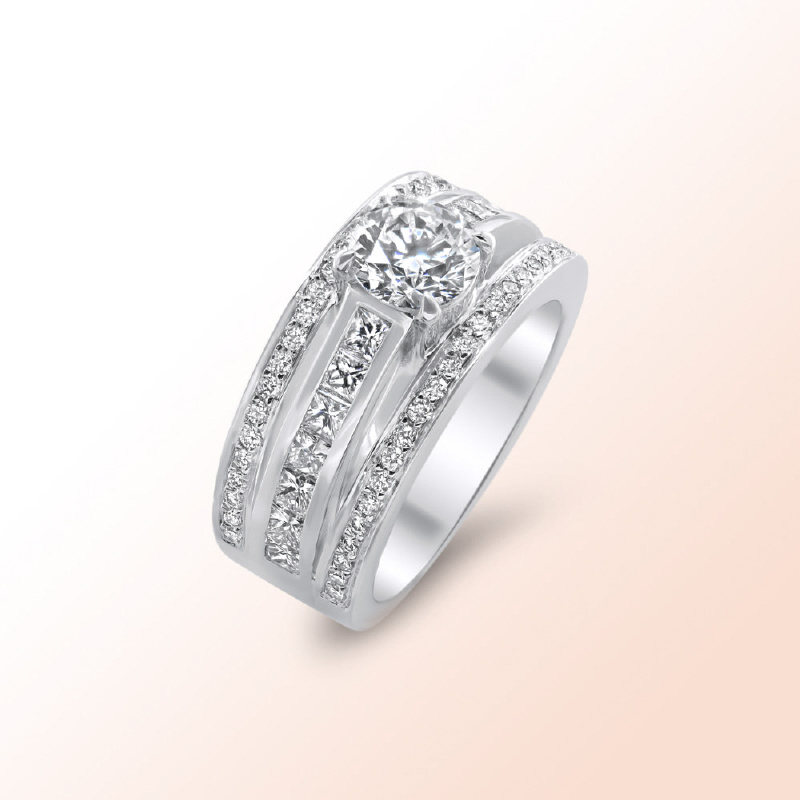 14k.w. Round & Princess cut Diamond Engagement Ring 2.18Ct.