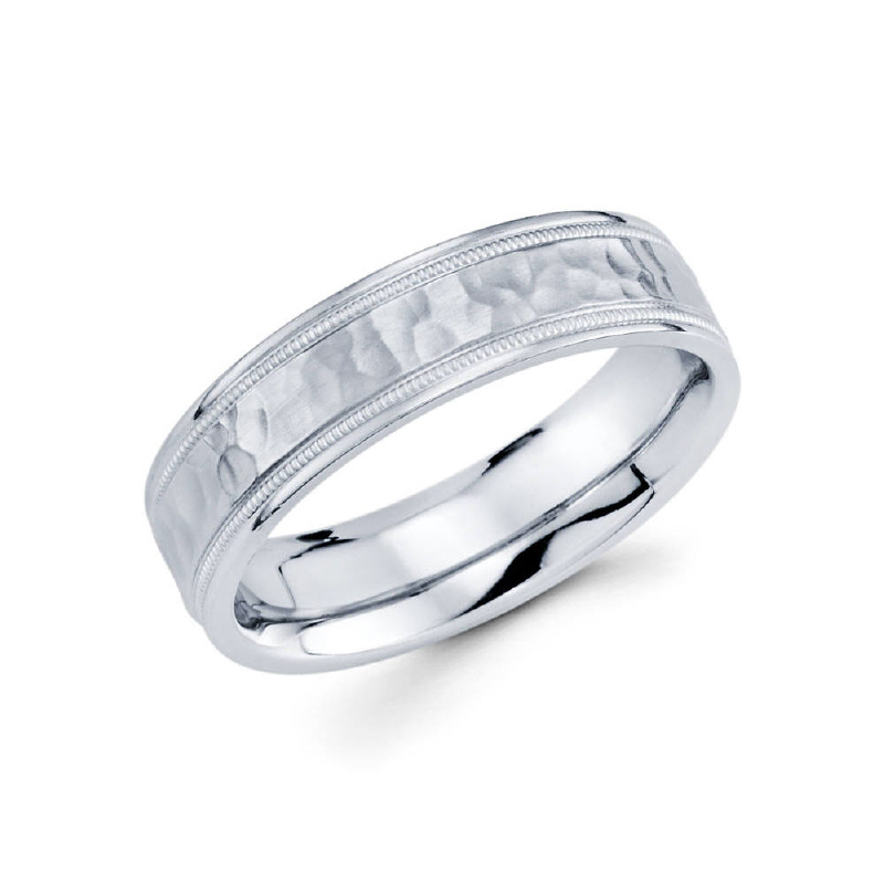 6mm 14k white gold hammer finished men's wedding band consists of parallel milgrain lines on the outside as well as high polished edges.
