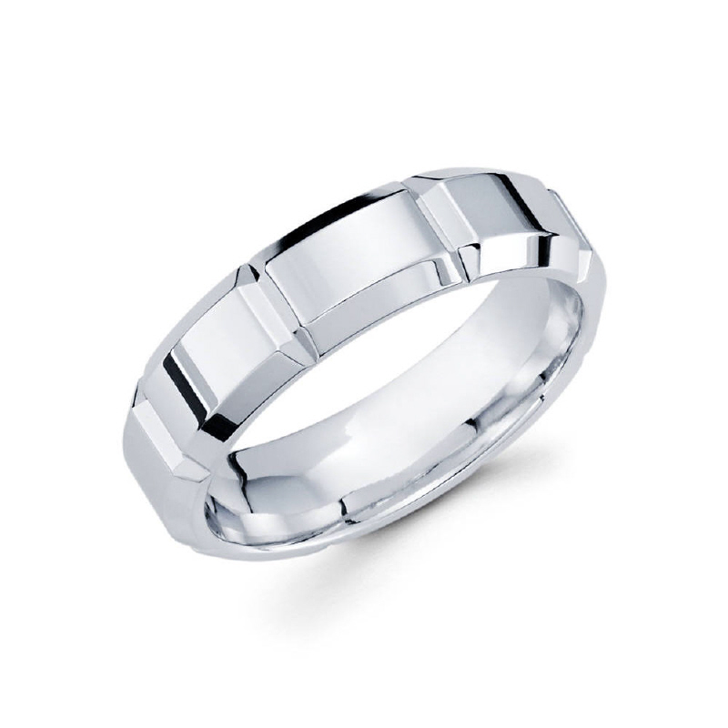 6mm 14k white gold high polished men's wedding band consists of strong vertical grooves along the center for a refined, industrial look.