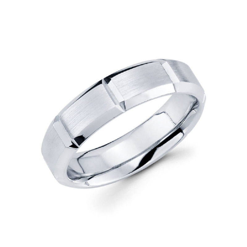 6mm 14k white gold satin polished men's wedding band consists of strong vertical grooves along the center for a refined, industrial look.