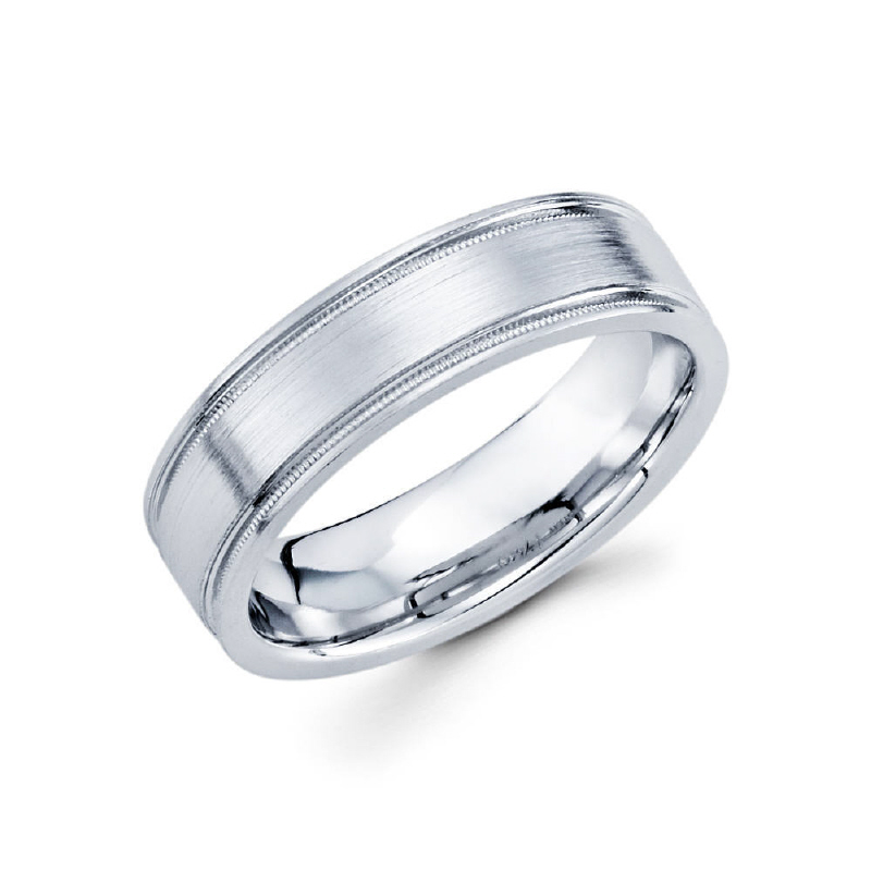 6mm 14k white gold satin finished men's wedding band contains two parallel milgrain carved lines.