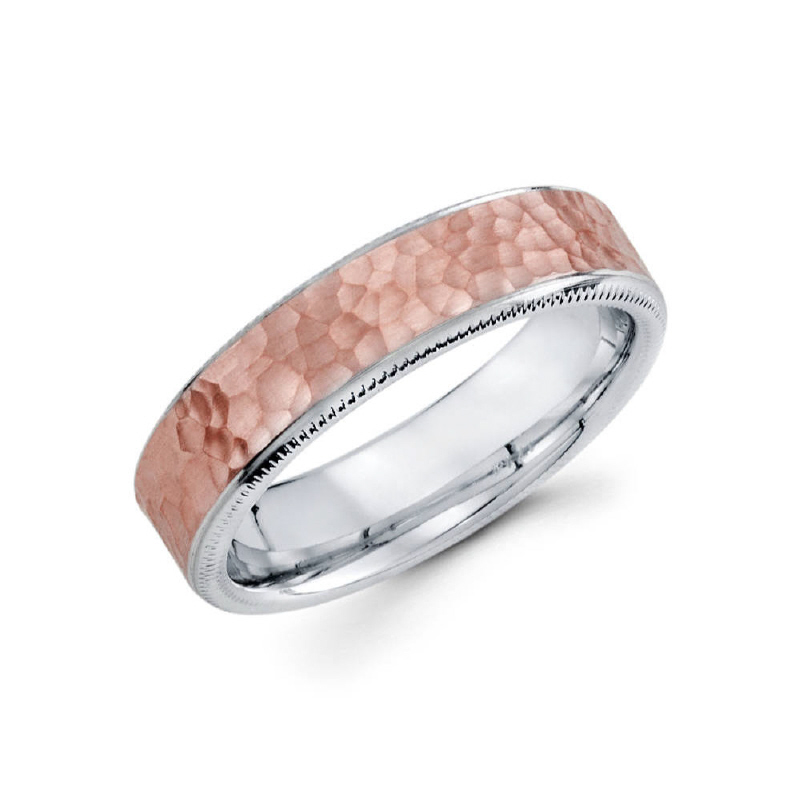 6mm 14k two tone hammer finished men's wedding band consists of a rose gold top with high polished white gold milgrain edges.