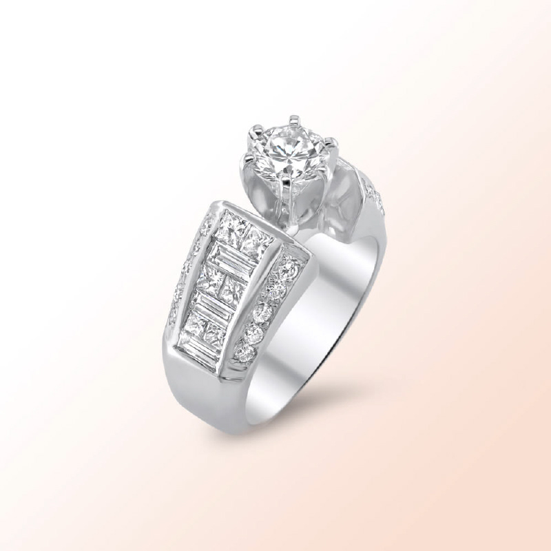 14k.w. Engagement Ring with Baguettes, Princess cut & Round Diamonds 2.33Ct.