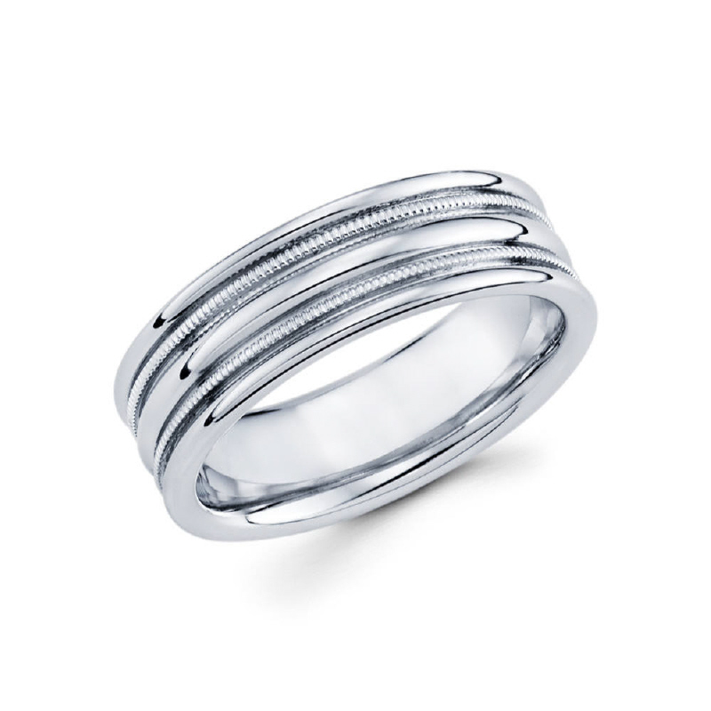 7mm 14k white gold high polish finished men's wedding band contains milgrain in between the parallel cuts and gives off the illusion of three rings in one.