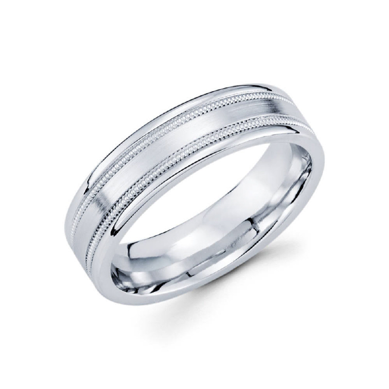 6mm 14k satin finished men's wedding band consists of two parallel milgrain lines on the outsides of the ring.