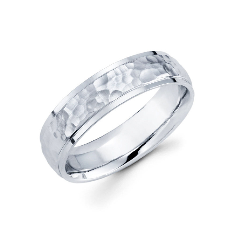 6mm 14k white gold hammer finished men's wedding band features high polished edges.
