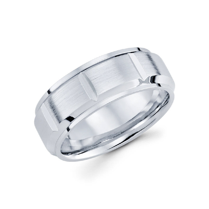 8mm 14k white gold high polished men's wedding band consists of strong vertical grooves along the center and high polished edges for a refined, industrial look.