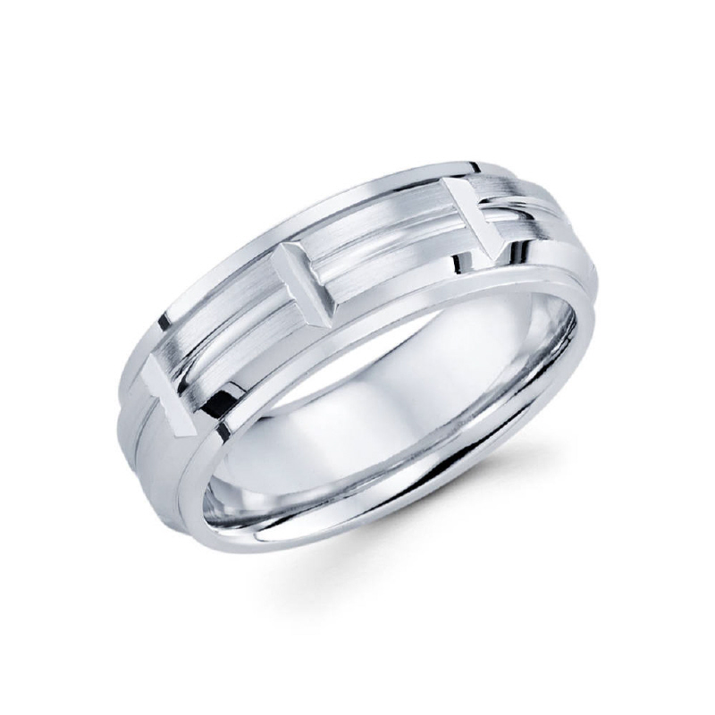 7mm 14k white gold men's wedding band consists of a uniquely cut center that carries all throughout the entire ring.