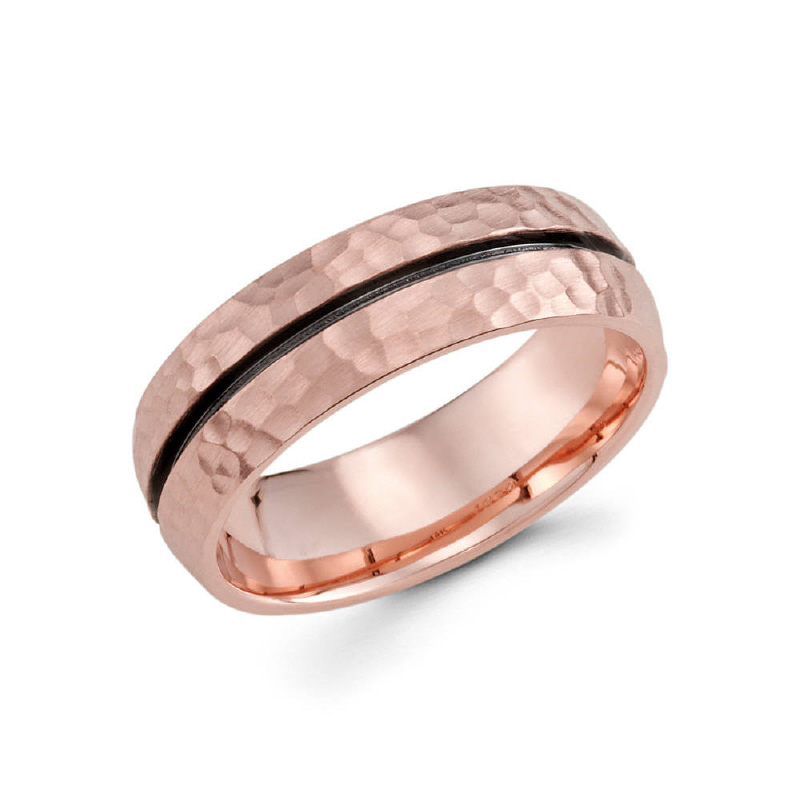7mm 14k rose gold hammer finished men's wedding band consists of a black rhodium cut throughout the center of the ring.