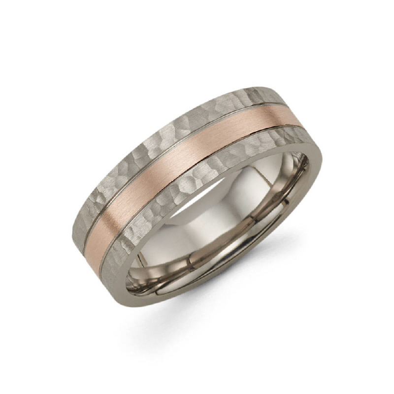 7mm 14k grey gold men's wedding band consists of a hammer finish with a strip of rose gold throughout the middle.