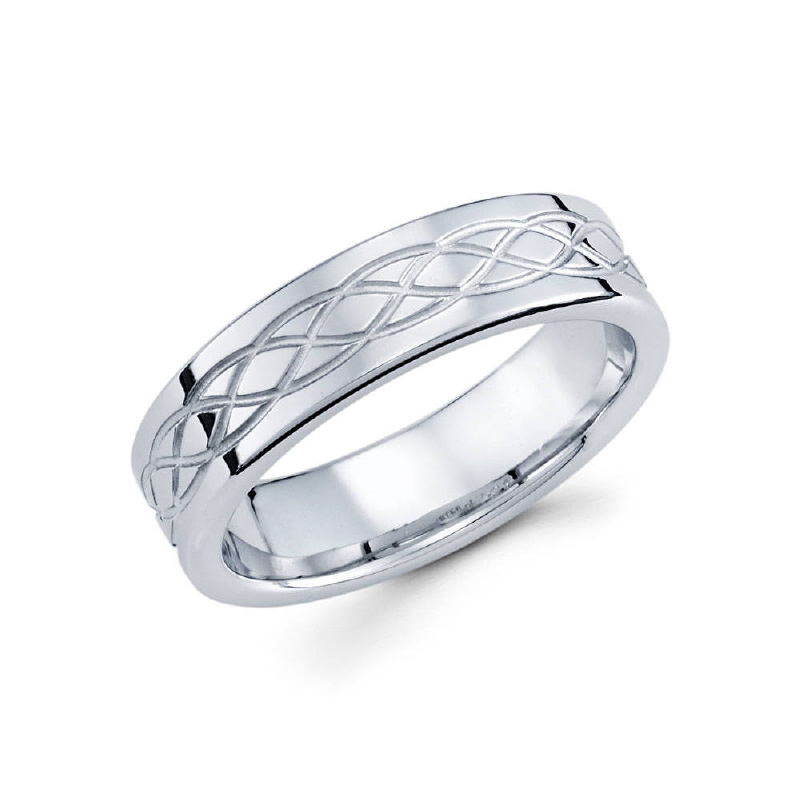 6mm 14k white gold men's wedding band features a simple yet powerful cut throughout the center portion of the ring with high polished outsides.