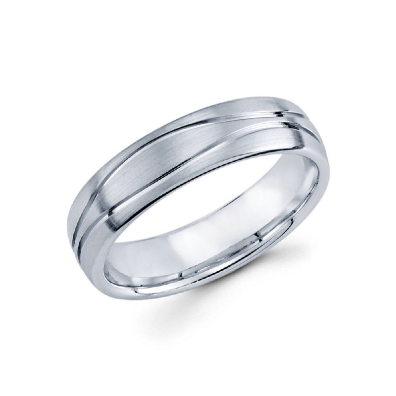 6mm 14k white gold satin finished men's wedding band features two wavy synchronized cnc cut patterns throughout the ring.