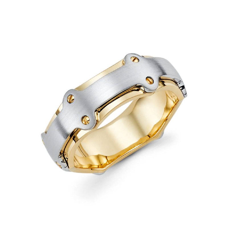 8mm 14k two tone yellow gold and white gold men's wedding band gives the illusion of a white gold band wrapped around a yellow gold band.
