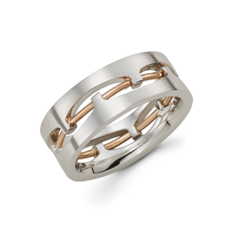8.5mm 14k two tone white gold men's wedding band features rose gold wire on the inside.