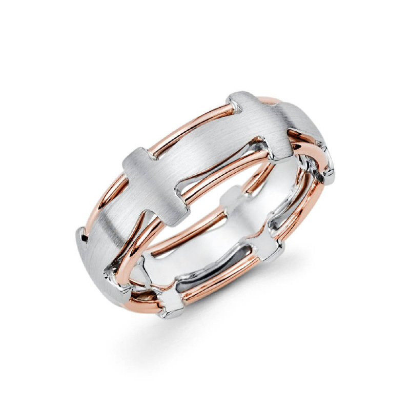 8mm 14k two tone white gold men's wedding band features rose gold wire on the inside.