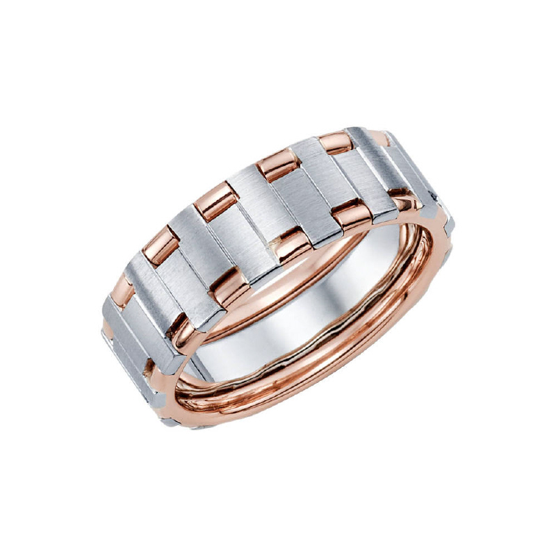 7.5mm 14k two tone white gold men's wedding band features rose gold wire on the inside.