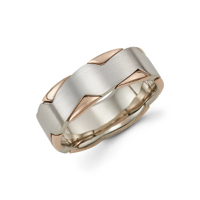 8mm 14k two tone white gold and rose gold men's wedding band gives the illusion of a white gold band wrapped around a rose gold band.