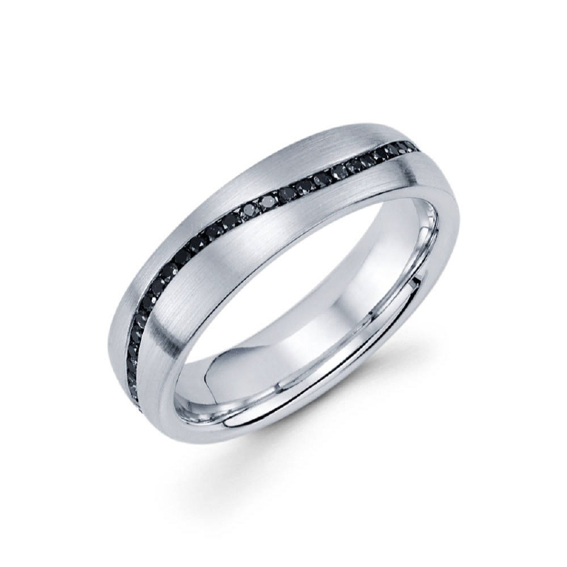 6mm 14k channel set men's satin finish eternity band with a satin finish comes with 60 black diamonds in a wavy formation. Total diamond carat weight is approximately 0.60ct.