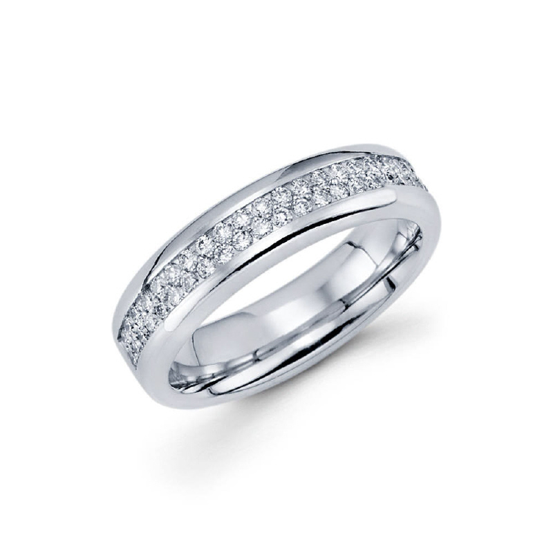 5mm 14k pave set ladie's band features a high polish all throughout with 46 round ideal-cut diamonds set in double rows of 23 in the middle. Total diamond carat weight is approximately 0.41.