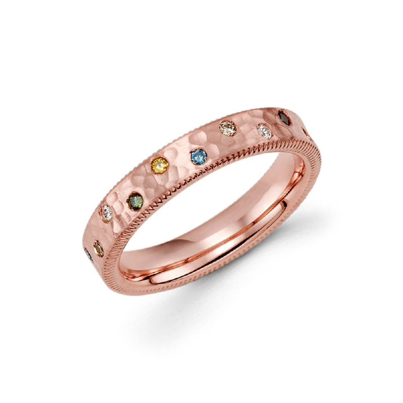 This 6mm 14k rose gold ladie's band comes with a burnished setting of multiple colored diamonds in a zig zag formation with a milgrain side finish. Total diamond carat weight is approximately 0.21ct.