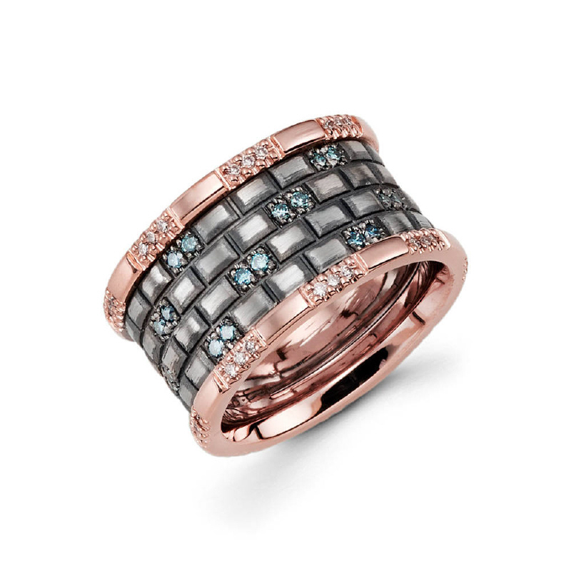 11mm 14k two tone ladie's wedding band features a unique black rhodium brick pattern along the center consisting of blue diamonds along with rose gold edges holding white diamonds in a pave setting. Total diamond carat weight is approximately 0.70ct.