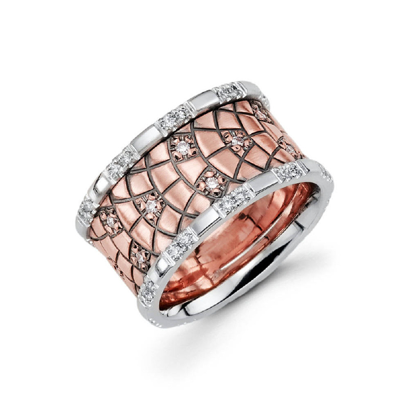 11mm 14k two tone ladie's wedding band features a unique rose gold brick pattern along the center consisting of white diamonds along with white gold edges holding white diamonds in a pave setting. Total diamond carat weight is approximately 0.40ct.