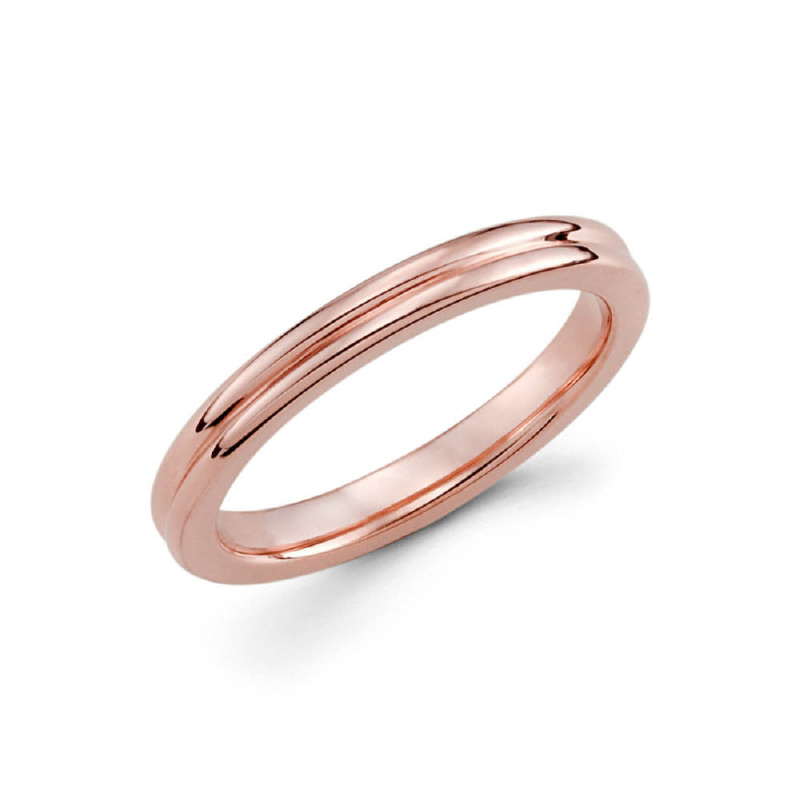 3mm 14k rose gold high polished ladie's wedding band consists of two higher outside grooves giving it that stackables illusion.