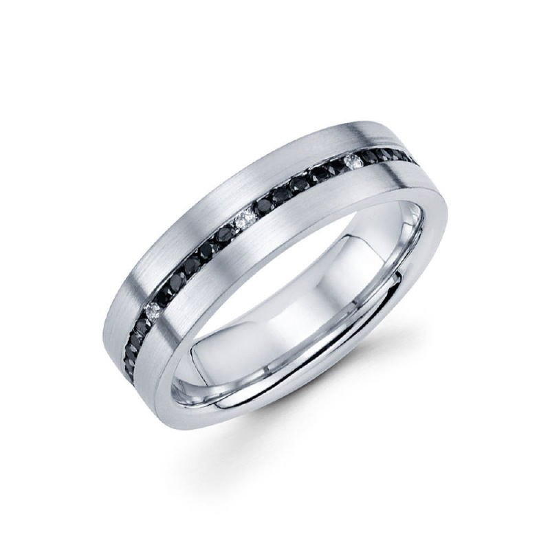 6mm 14k channel set men's diamond eternity band features a  satin finish along with 40 black diamonds and 8 white diamonds in between. Total diamond carat weight is approximately 0.60ct.