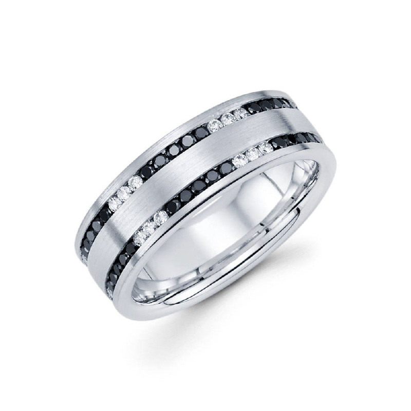 7.5mm 14k channel set satin finish eternity band features double rows of 48 (30 black/18white) round ideal-cut diamonds. Total diamond carat weight is approximately 1.25ct.