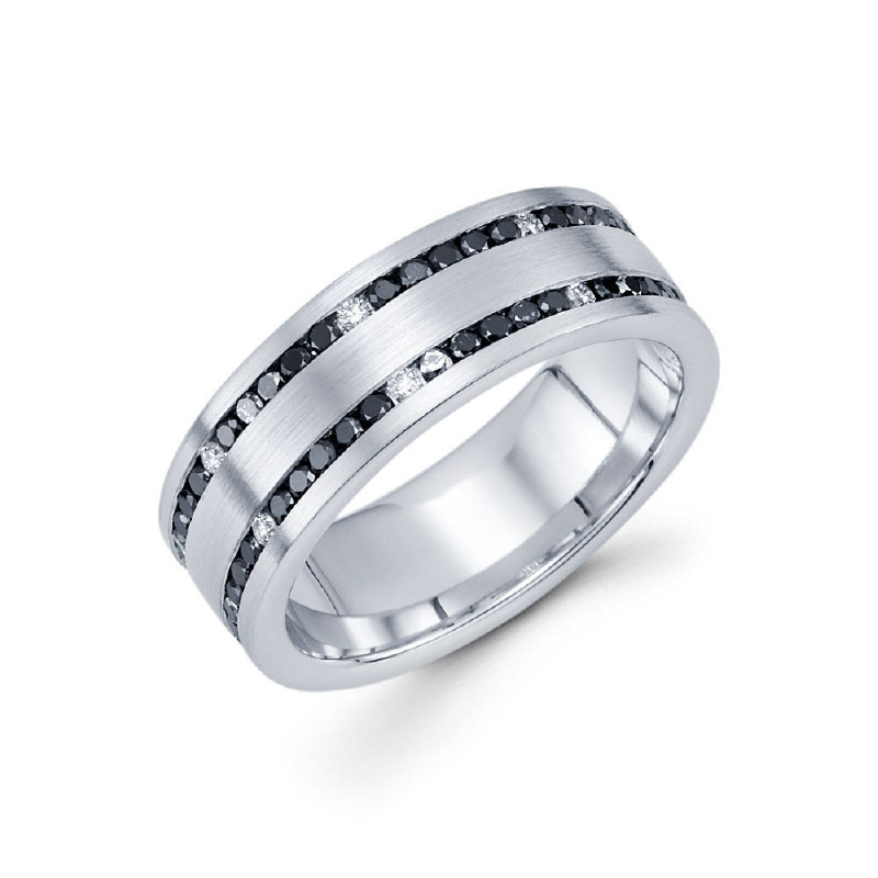 7.5mm 14k channel set satin finish eternity band features double rows of 50 (42 black/8white) round ideal-cut diamonds. Total diamond carat weight is approximately 1.27ct.