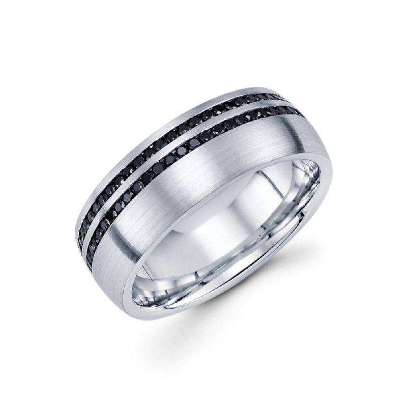 Is half dome 8mm 14k channel set men's diamond eternity band has a satin finish along with two rows of 55 black diamonds on each dragged to one side. Total diamond carat weight is approximately 1.06ct.