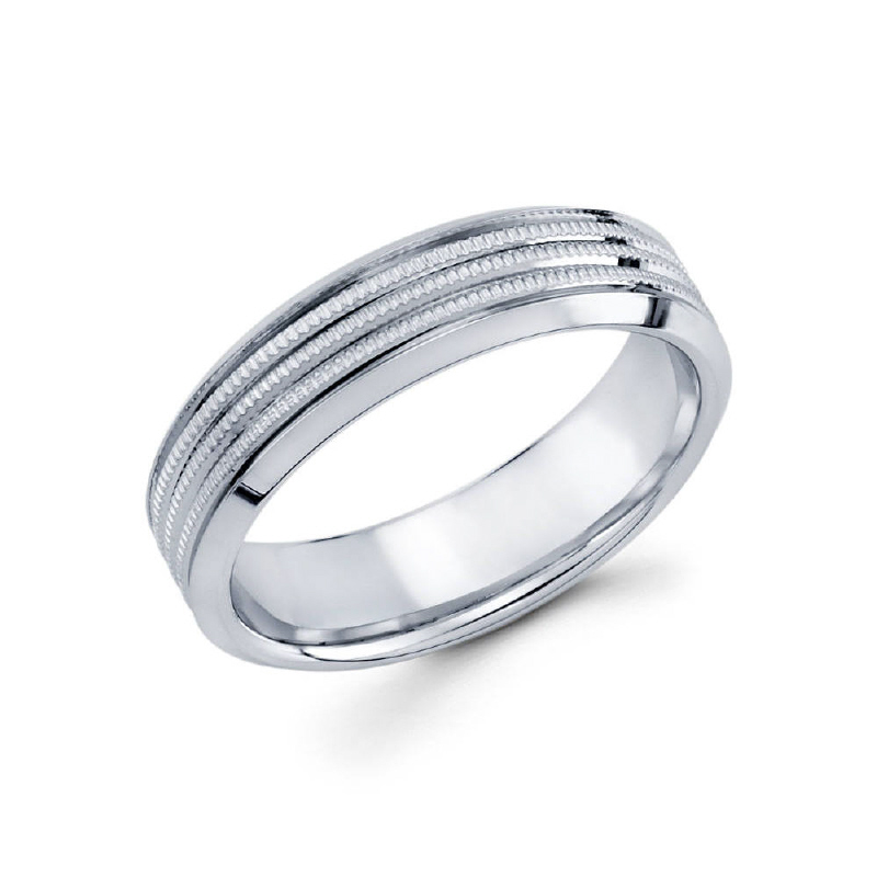 6mm 14k white gold high polished men's wedding band contains three parallel milgrain grooved lines.