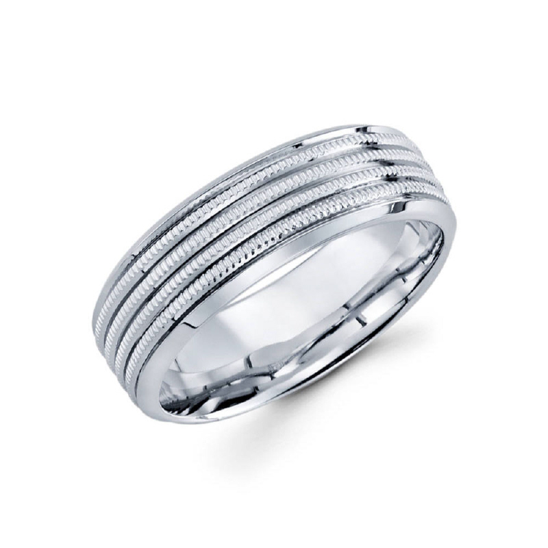 6mm 14k white gold high polished men's wedding band contains four parallel milgrain grooved lines.
