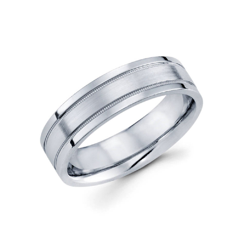 6mm 14k satin finished men's wedding band features two cuts on the outsides with milgrain in them.